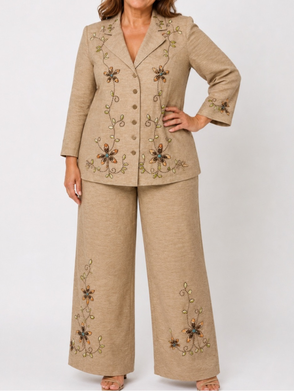 NWT Silk Land Embellished Tan Women's Suit Classic black lined jacket 20W